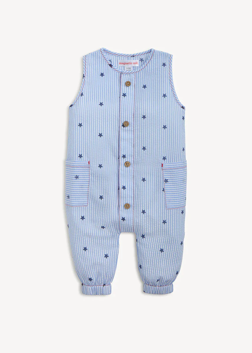Woven Sleeveless Long Romper - Seersucker Stripe Stars