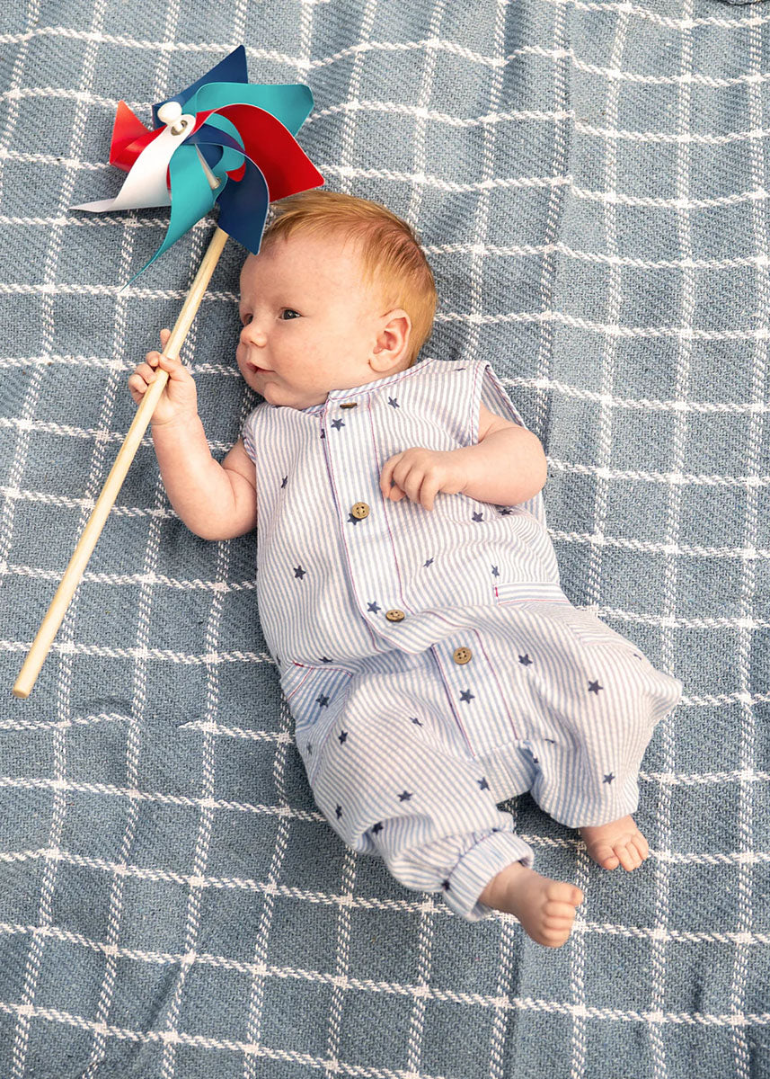 Woven Sleeveless Long Romper - Seersucker Stripe Stars - Image 3